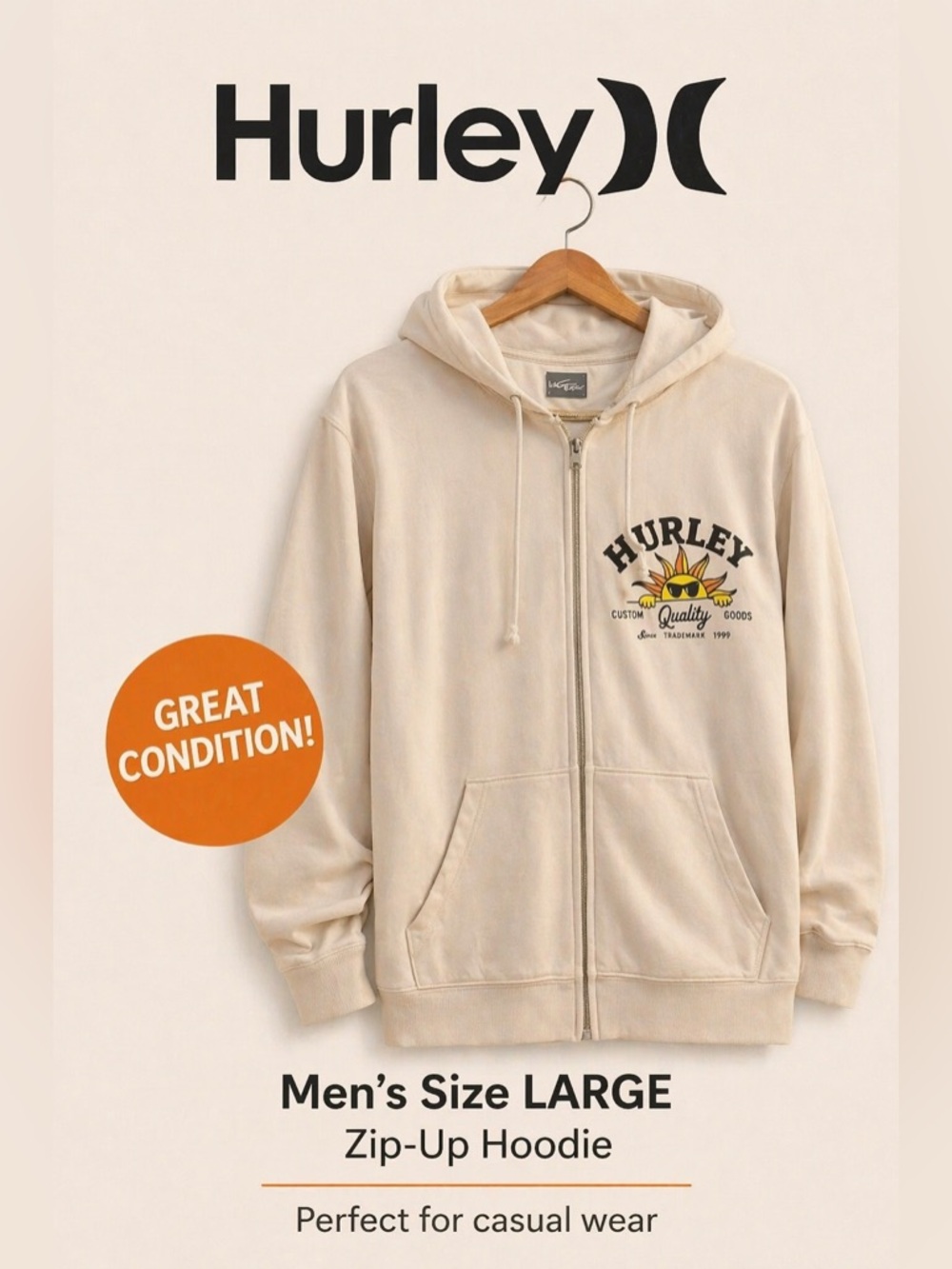 🚨🔥Hurley Cream Hoodie with Sun Graphic